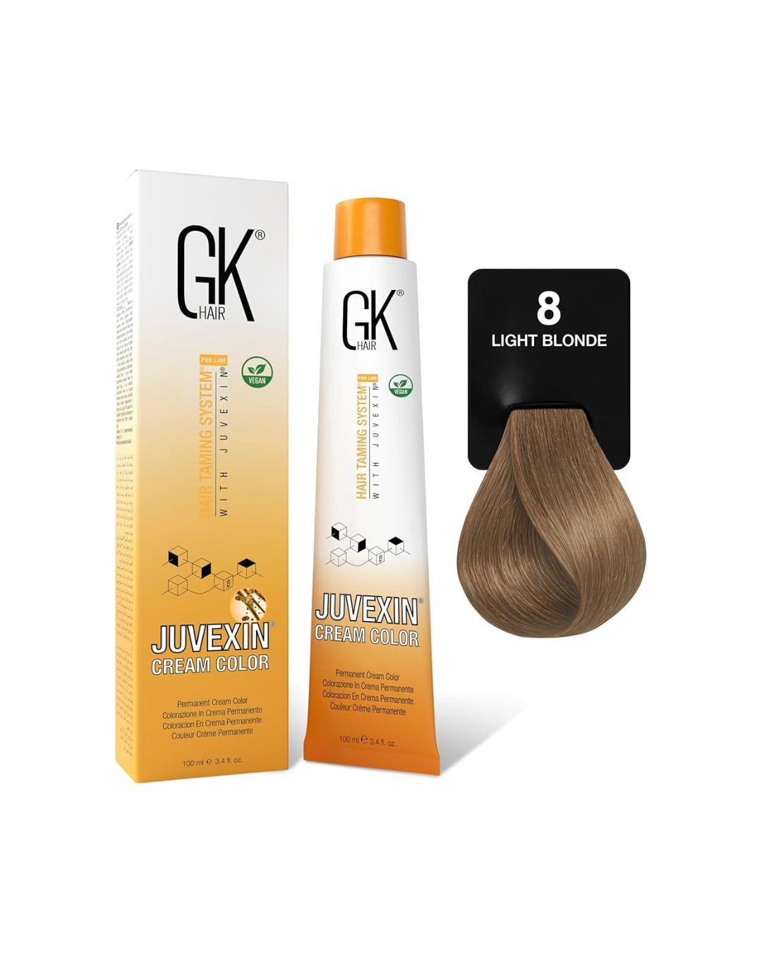 GK Hair Juvexin hair color product with packaging and a sample swatch on a white background
