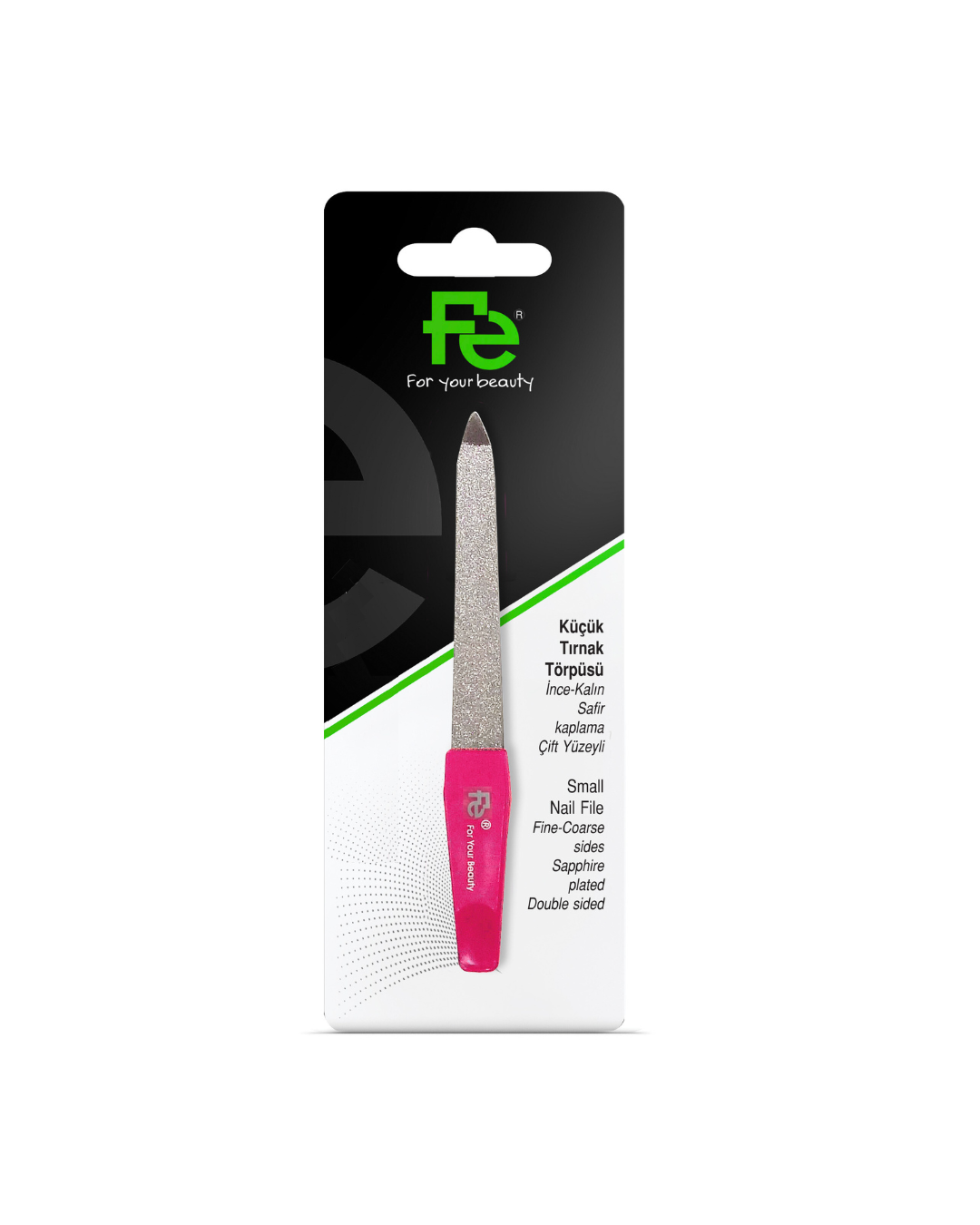 Fe Nail file with pink handle in packaging on a white background