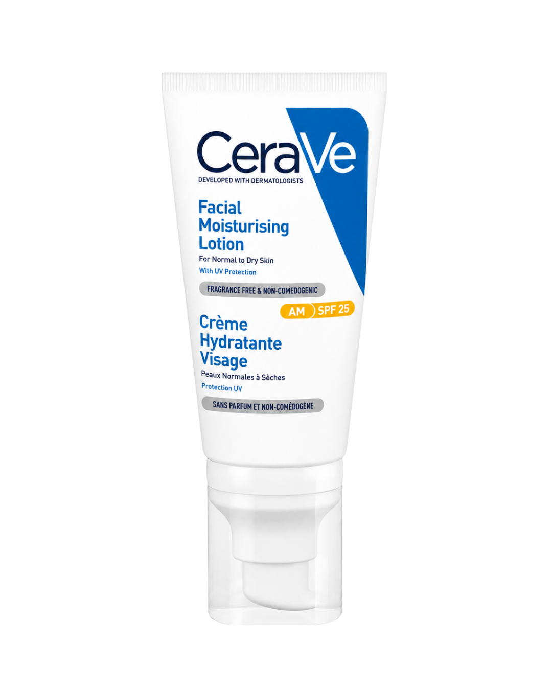 CeraVe Facial Moisturising Lotion in a white squeeze tube with blue and orange text, shown on a plain white background.