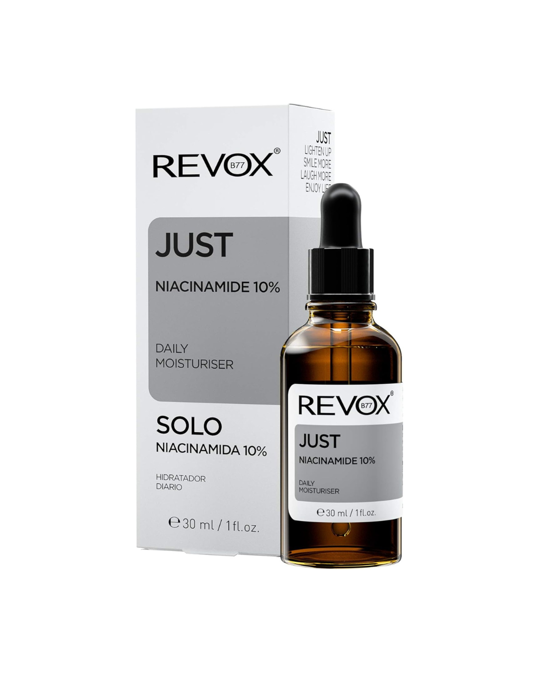 Revox Just Niacinamide 10% skincare bottle and packaging on a white background