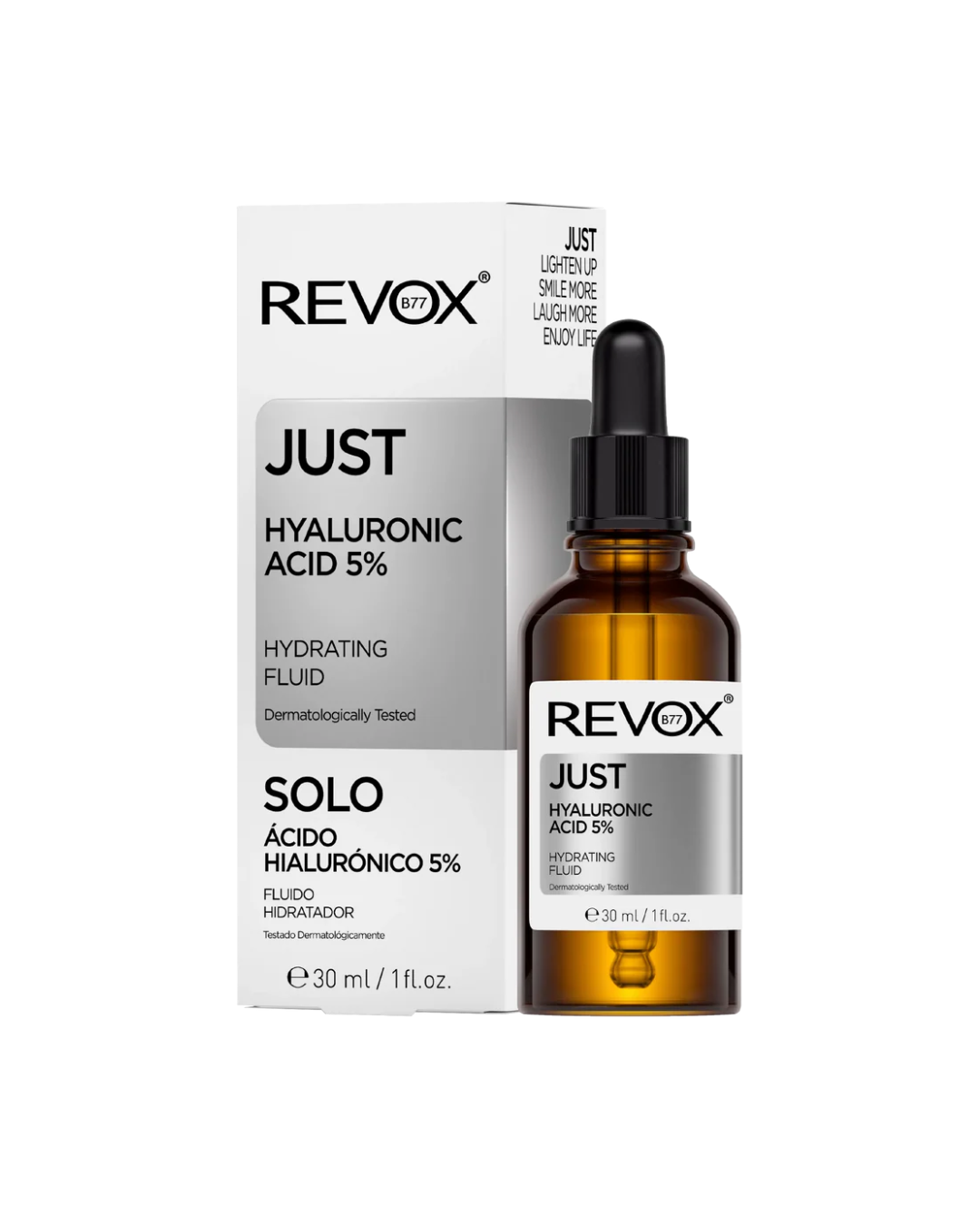 Revox Just Hyaluronic Acid 5% hydrating fluid bottle and packaging on a white background