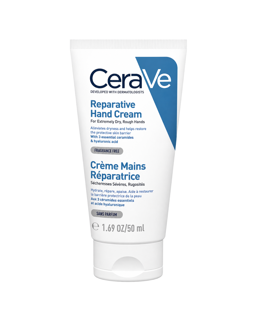 CeraVe Reparative Hand Cream in a white squeeze tube with blue and black text, shown on a plain white background.