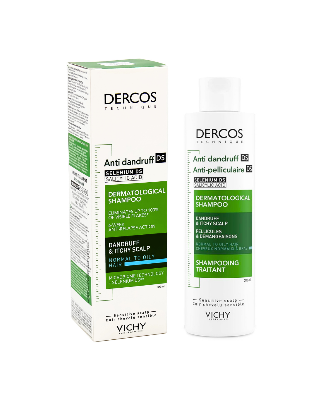 Dercos Technique Anti Dandruff Shampoo (Seelenium 65) shown with its white and green packaging box and the white plastic bottle itself on a clean white background.