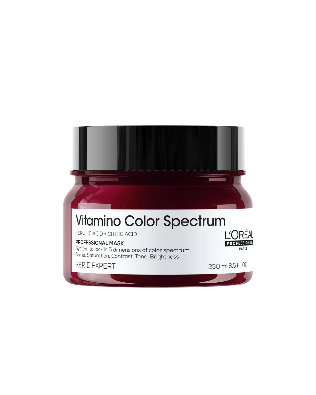 L'Oréal Professionnel Serene Expert Vitamino Color Spectrum Professional Mask in a dark red jar with a black lid and white label, on a white background.