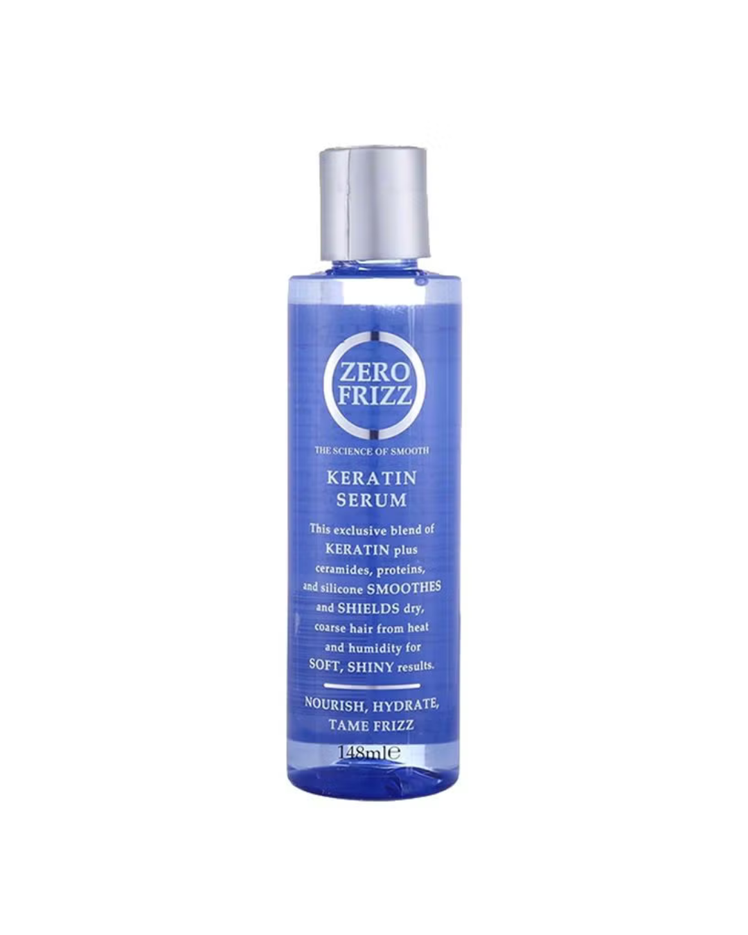 Bottle of Zero Frizz Keratin Serum on a white background