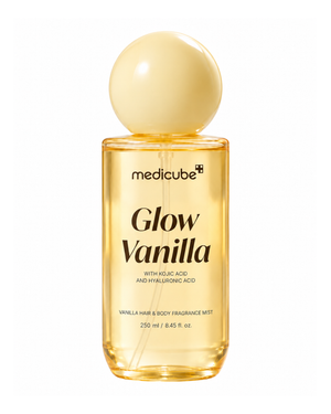Medicube Glow Vanilla Hair & Body Fragrance Mist yellow bottle 250 ml on white background
