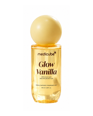 Medicube Glow Vanilla Hair & Body Fragrance Mist yellow bottle 100 ml on white background