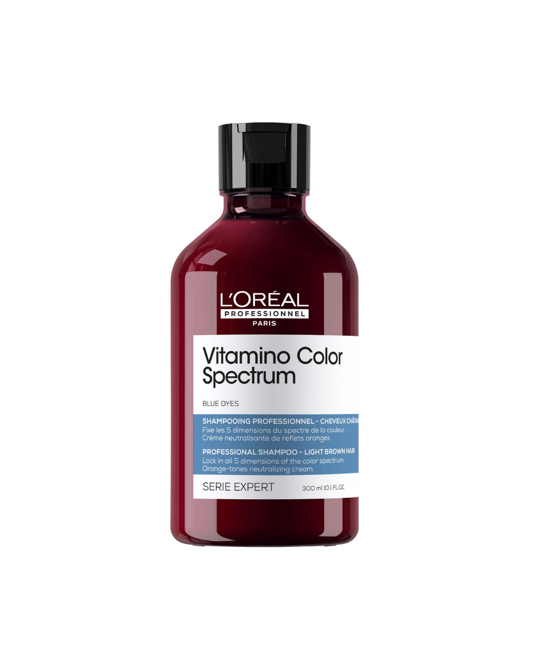 A bottle of L'Oréal Paris Vitamino Color Spectrum Blue Dyes professional shampoo, featuring a dark burgundy bottle and a black cap on a white background.