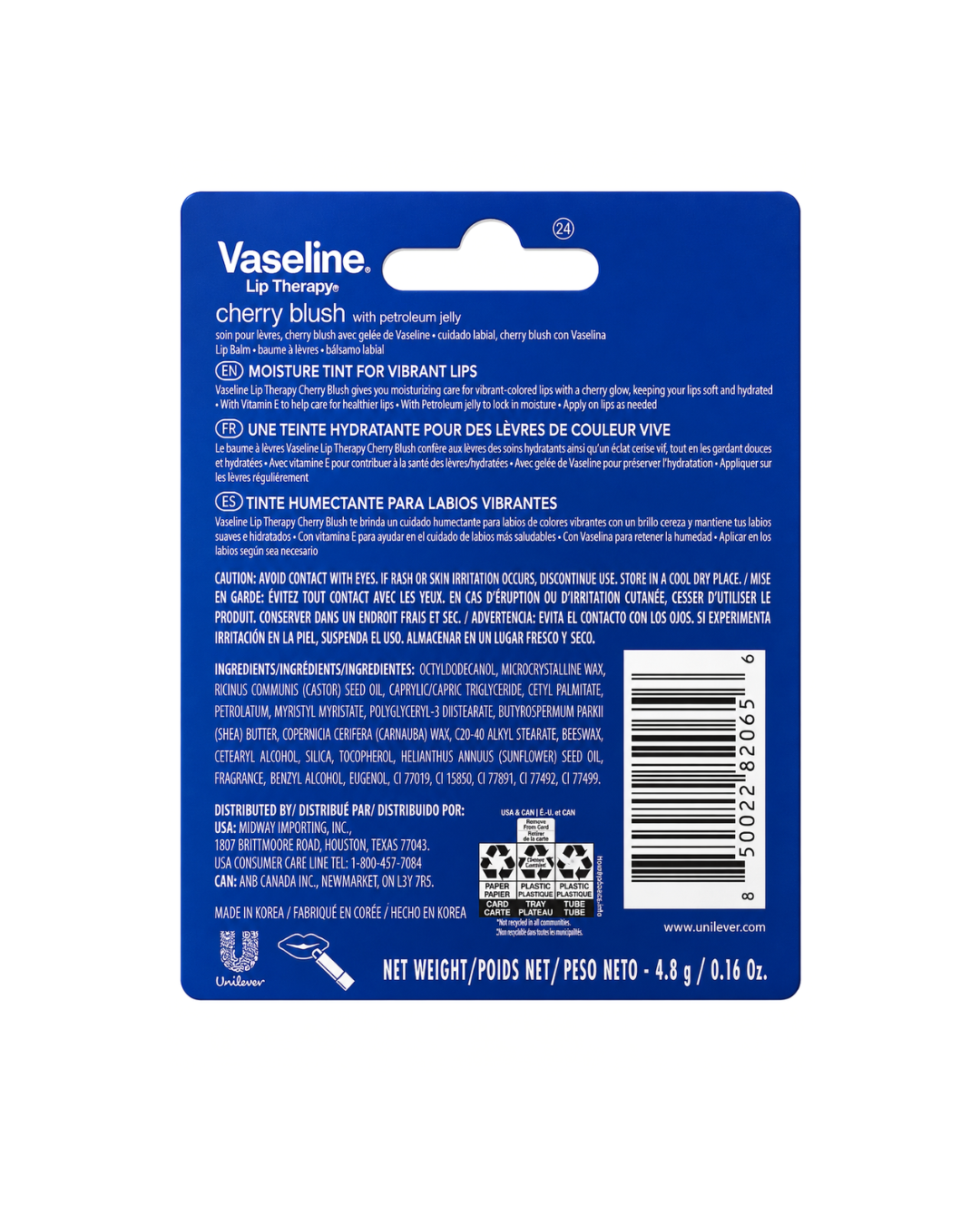The back of a Vaseline Lip Therapy cherry blush jar, showing product details, ingredients, warnings, and a barcode on a white background.