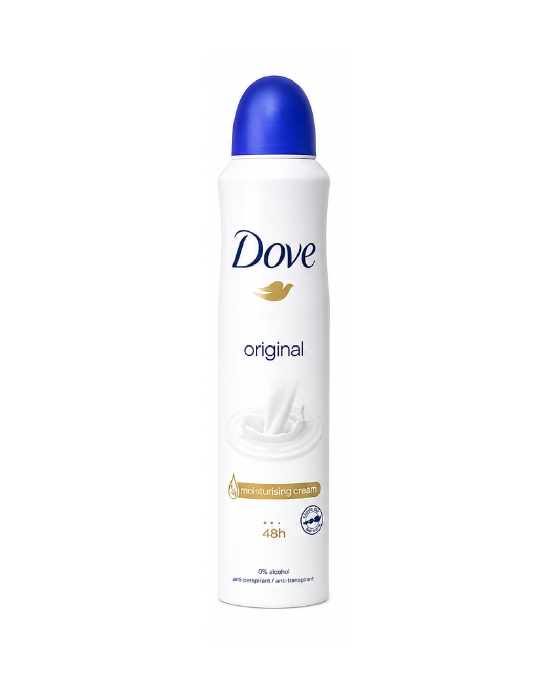 Dove deodorant spray bottle on a white background