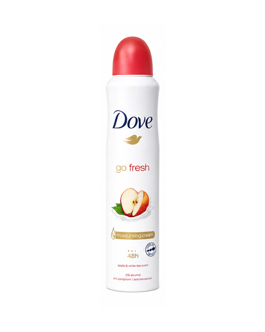 Dove go fresh deodorant spray with a red cap on a white background