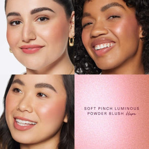 Three women with different skin tones wearing a soft pinch luminous powder blush, with a close-up of the product on a pink background.
