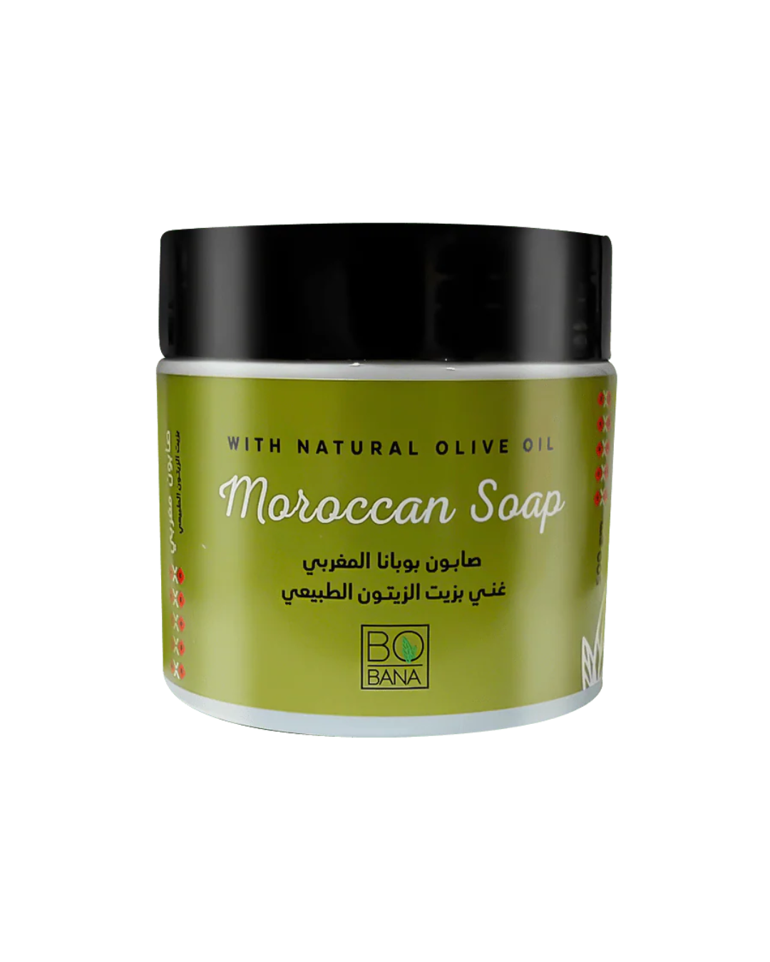 A jar of Bio Bana Moroccan Soap with natural olive oil, featuring a black lid and a light olive green label with white and black text.