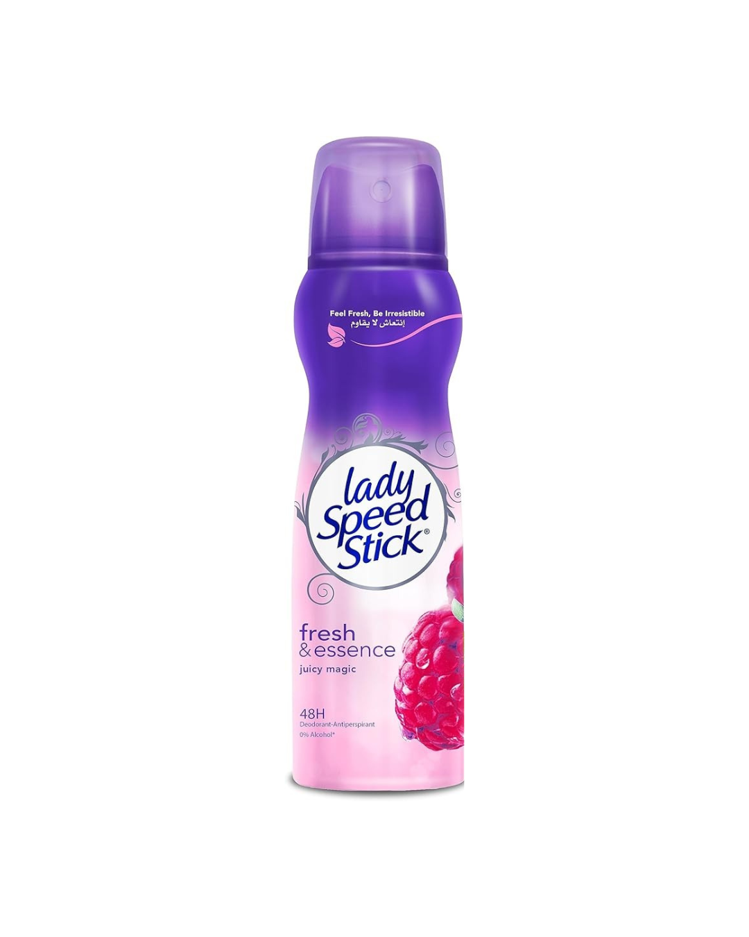 Purple and pink spray bottle of Lady Speed Stick deodorant on a white background