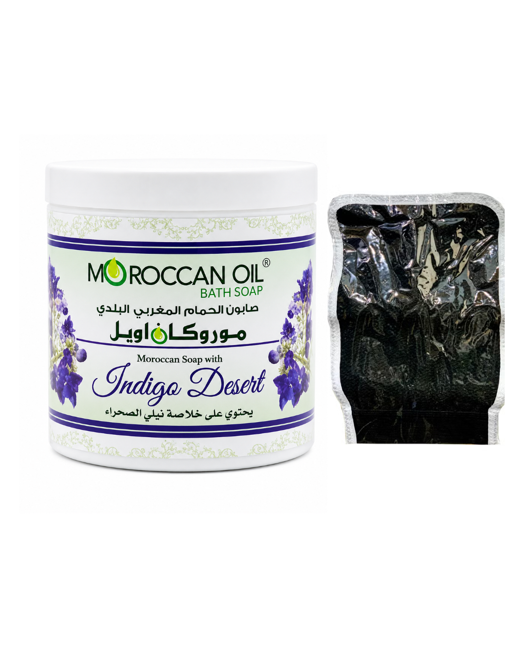 Moroccan Oil bath soap jar with Indigo Desert label with a loofah on a white background