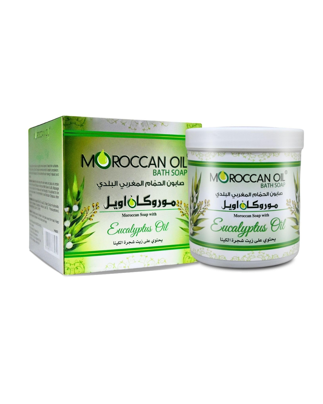 Moroccan Oil bath soap packaging with a jar on a white background