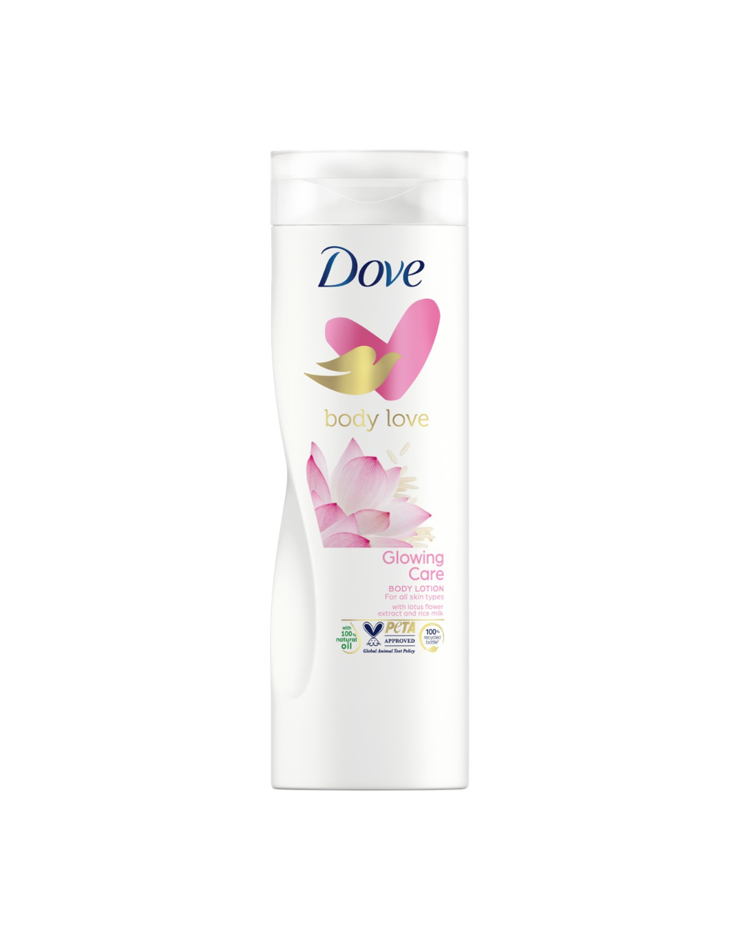 Dove body lotion with floral design on a white background