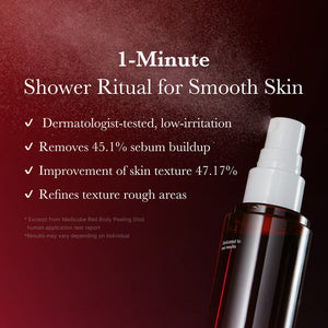 Skincare product with text about a 1-minute shower ritual for smooth skin on a dark background