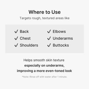 Text indicating areas to use a product for smooth skin texture on a white background