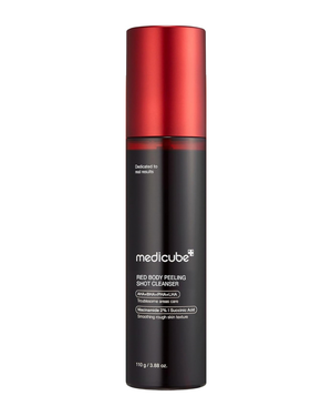 Medicube Red Body Peeling Shot Cleanser in a sleek black bottle with a metallic red cap, shown on a plain white background.