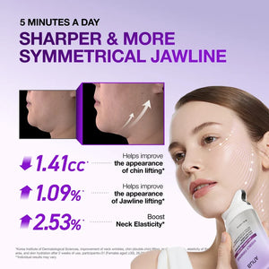 Advertisement for a neck lifting product with a woman holding the product, showing before and after effects.