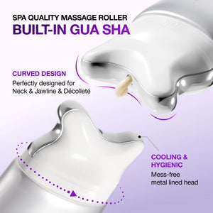 Massage roller with built-in Gua Sha tool on a purple background