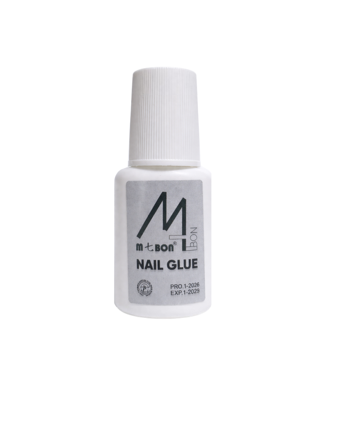 Bottle of nail glue with a white cap on a white background