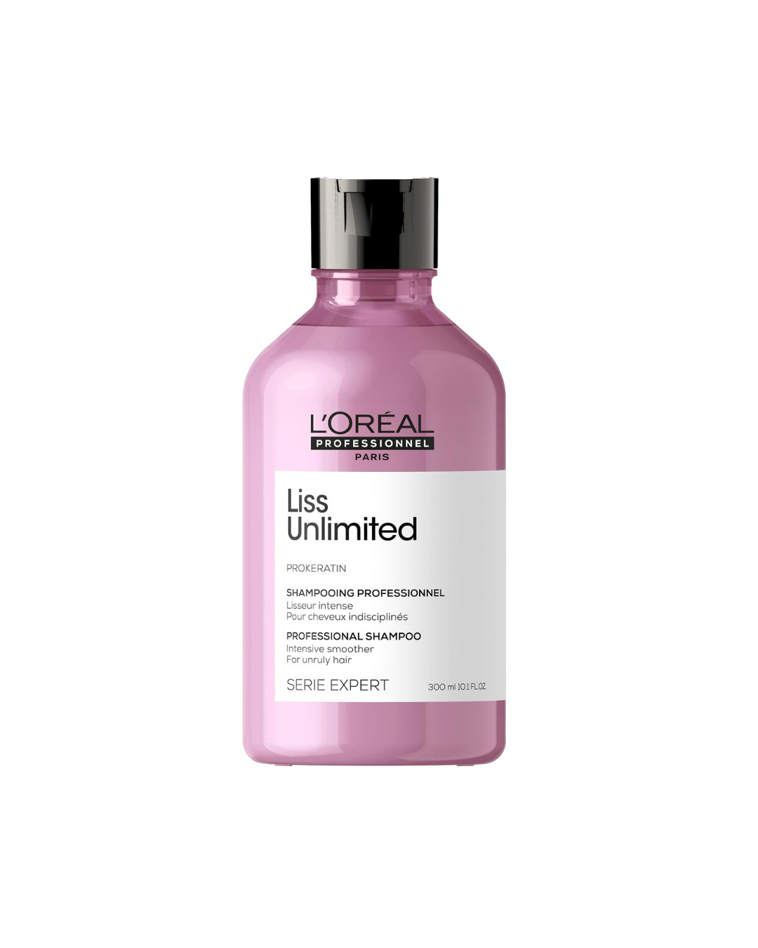 A 300 ml bottle of L'Oréal Professionnel Paris Liss Unlimited Prokeratin Professional Shampoo in a translucent pink bottle with a black cap and white label, set against a plain white background.