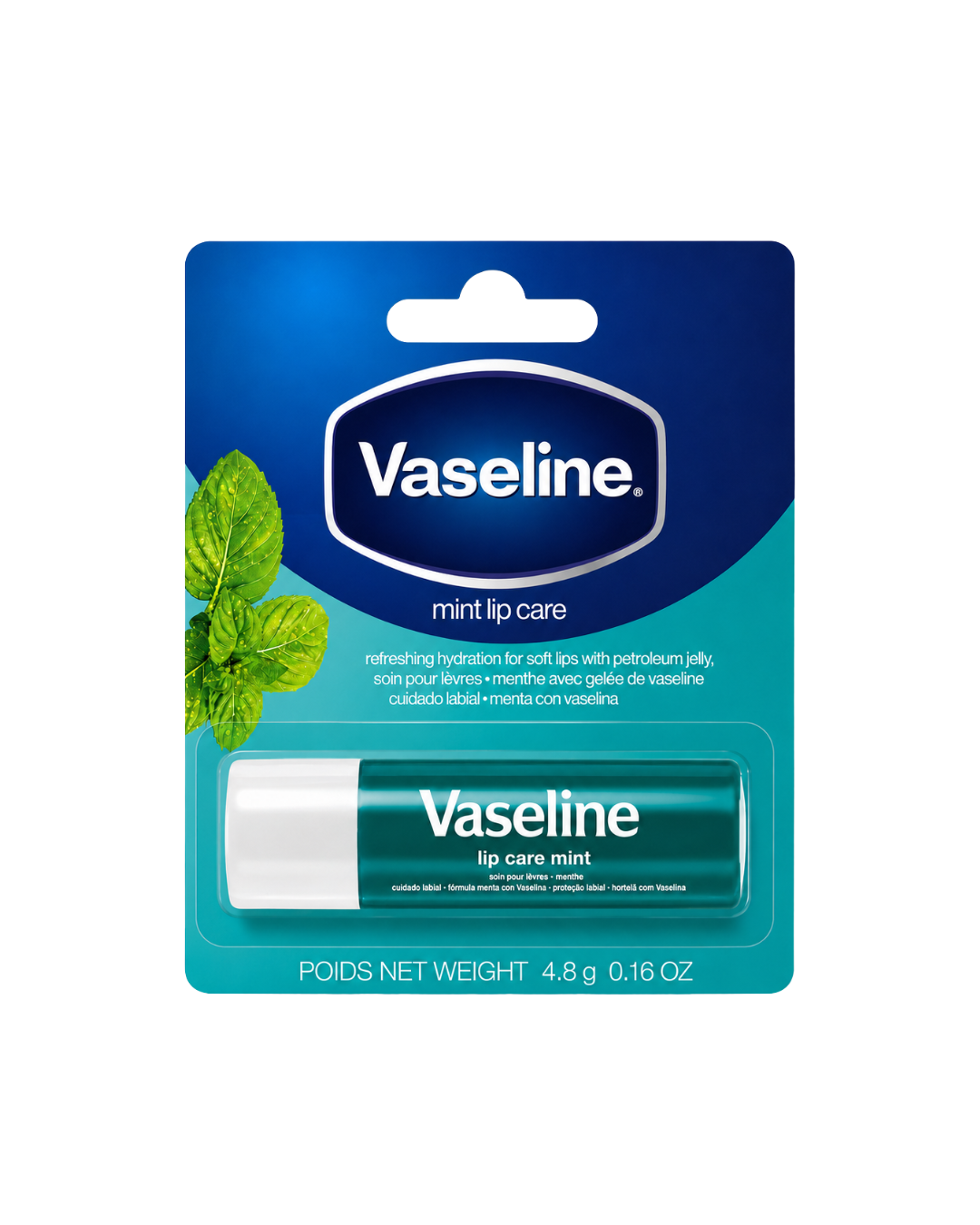Vaseline mint lip care lip balm in its original blue and teal blister card packaging, featuring a green mint leaf graphic.
