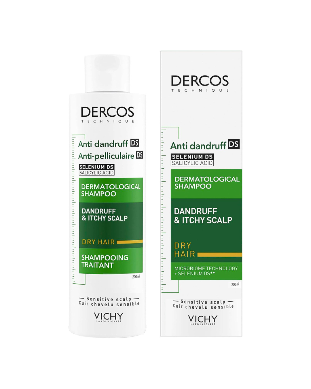 Two bottles of Dercos Anti-dandruff shampoo on a white background