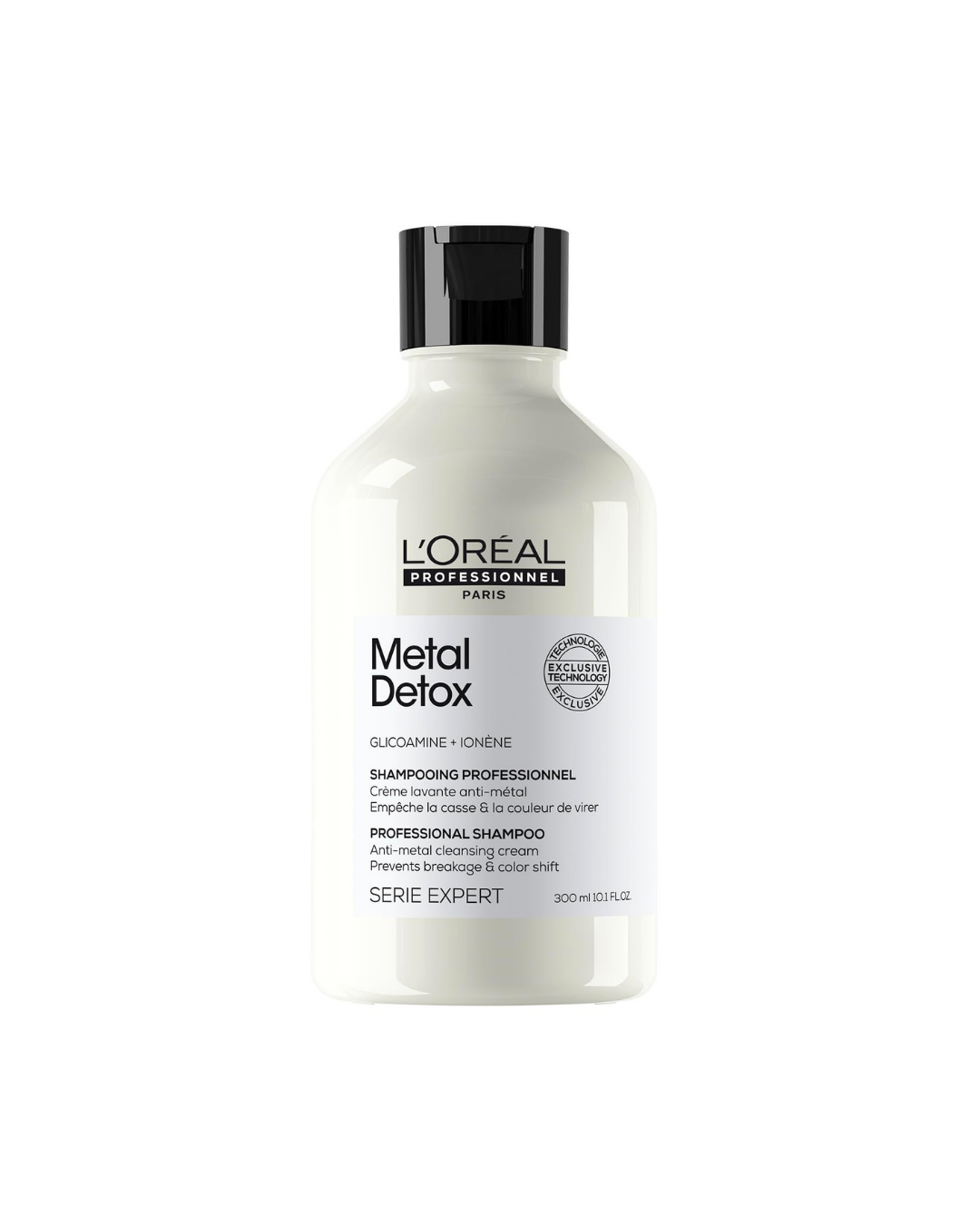 A 300 ml bottle of L'Oréal Professionnel Paris Metal Detox Professional Shampoo, featuring a white bottle with a black cap and black text on the label, set against a plain white background.