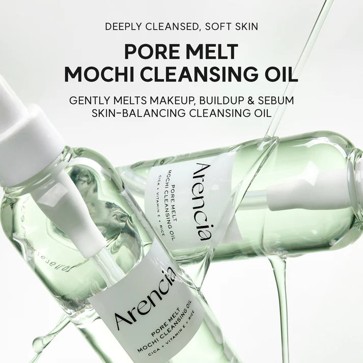 Three clear bottles of Arencia Pore Melt Mochi Cleansing Oil arranged diagonally on a white background with stylized water droplets and black promotional text at the top.