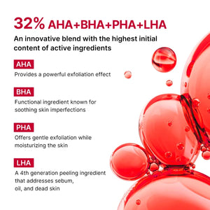 Promotional graphic about a 32% blend of AHA, BHA, PHA, and LHA with red bubbles on a white background.