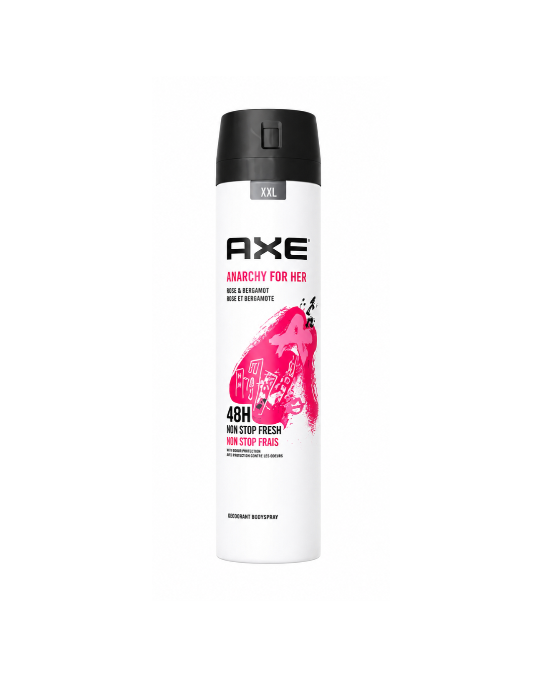 A can of Axe Anarchy For Her body spray on a solid white background. The can is white with a black spray cap and features pink and black text and graphics.
