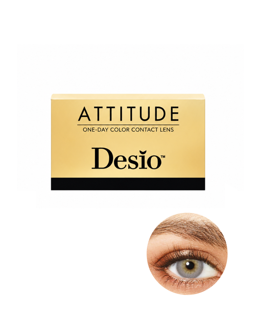 Desio Attitude one-day color contact lenses packaging with a sample lens worn on an eye.