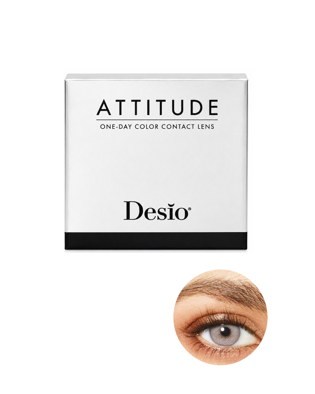 Desio Attitude one-day color contact lens packaging with a sample lens worn on an eye.