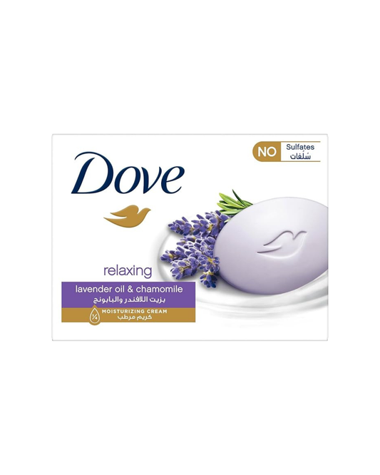 Dove soap bar packaging with lavender and chamomile on a white background