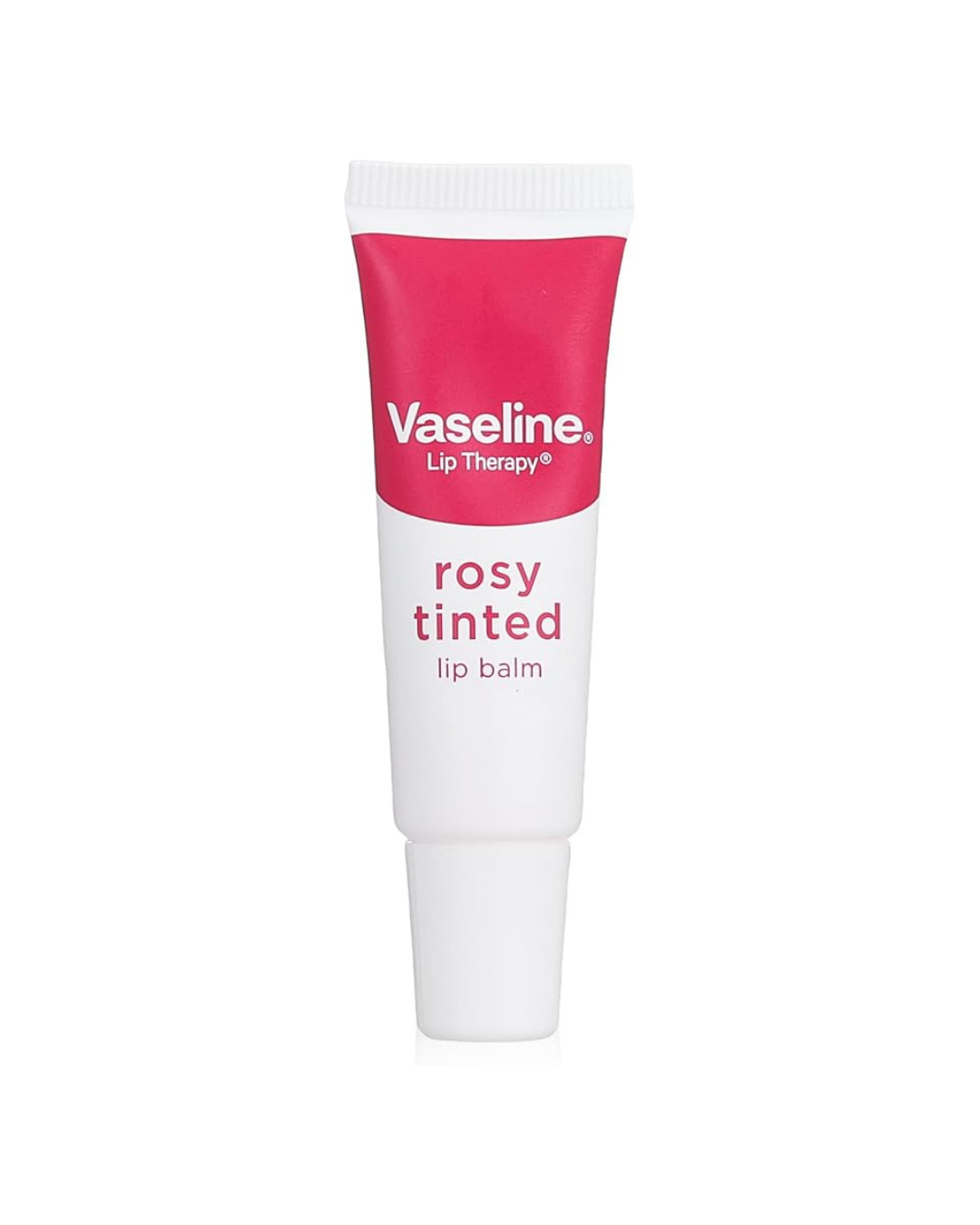 Vaseline rosy tinted lip balm tube on a white background