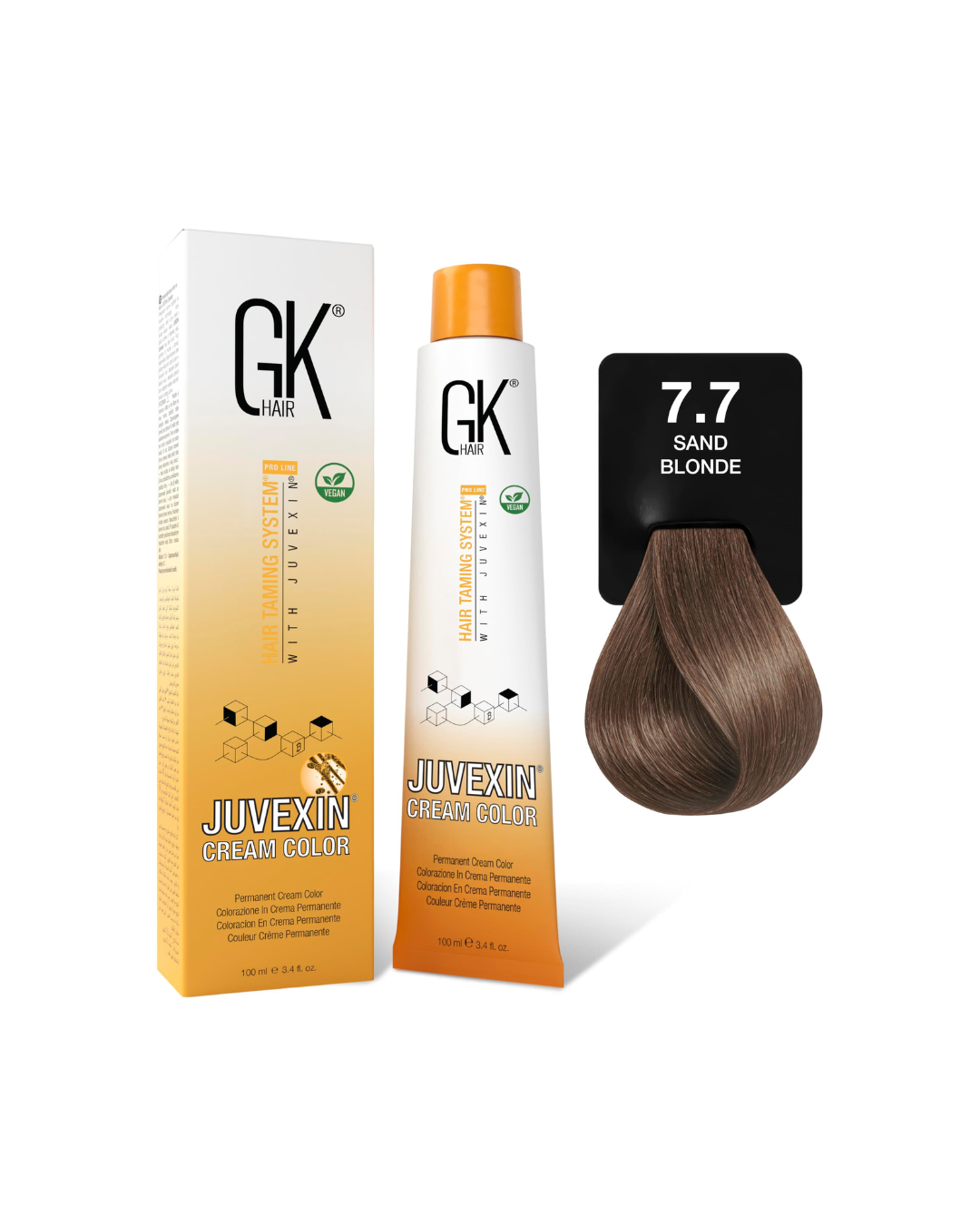 GK Hair Juvexin hair color product with packaging and a sample swatch on a white background