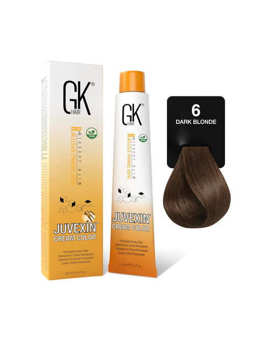 GK Hair Juvexin hair color product with packaging and a sample swatch on a white background