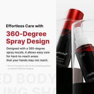 Black and red spray bottle with text highlighting 360-degree spray design on a white background.