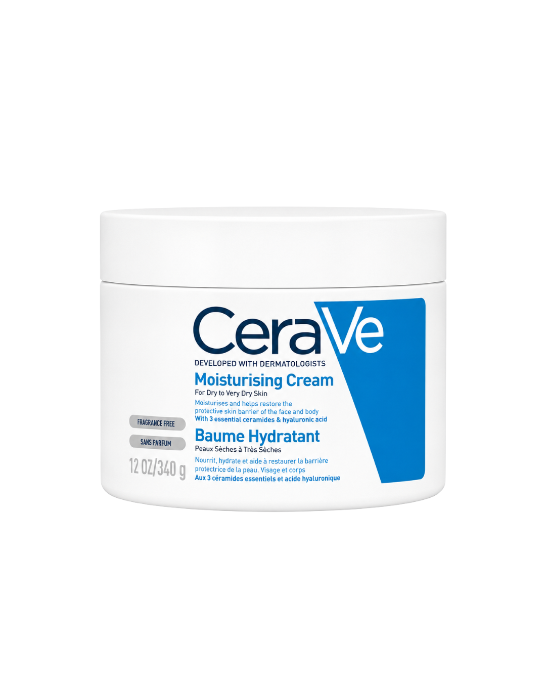 A white plastic jar of CeraVe Moisturising Cream with a white lid, featuring a blue and white label on a clean white background.