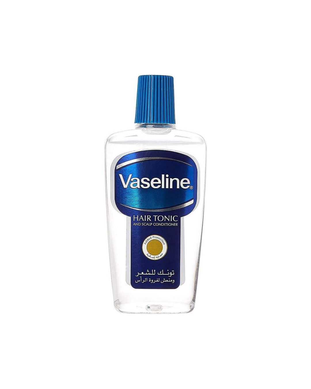 Vaseline hair tonic bottle with blue cap on a white background