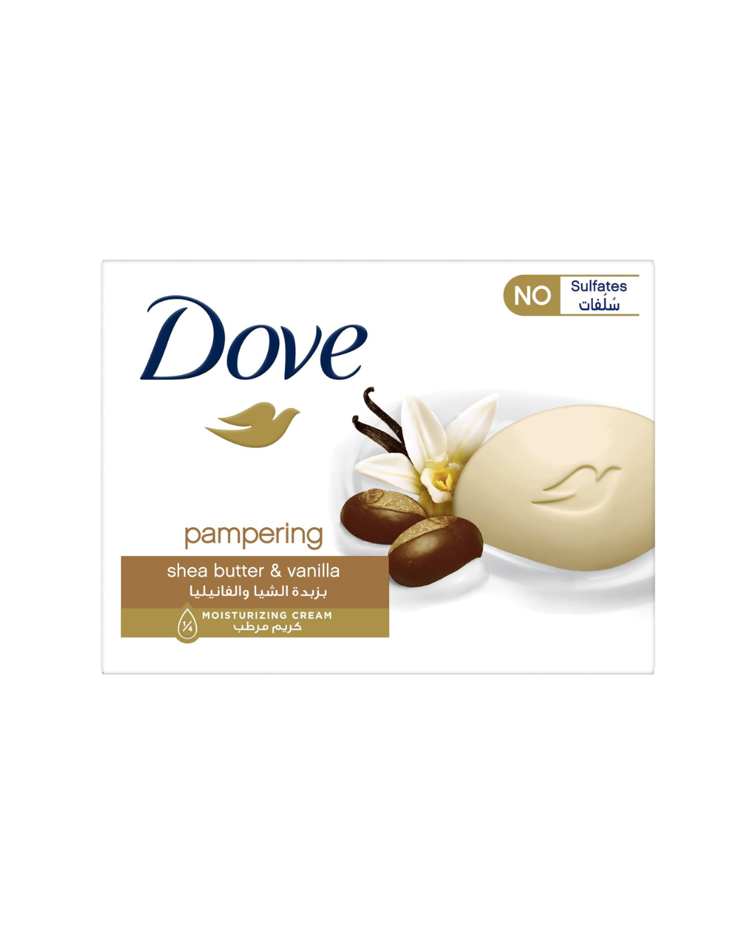 Dove soap bar packaging with shea butter and vanilla ingredients on a white background
