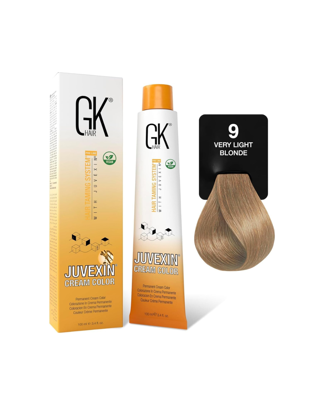 GK Hair Juvexin hair color product with packaging and a sample swatch on a white background