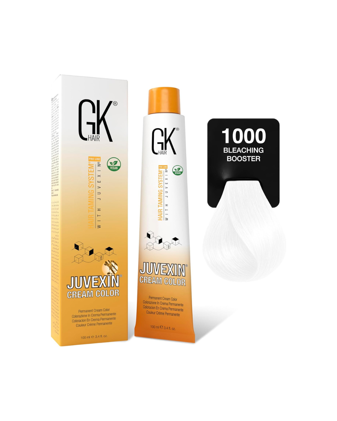 GK Hair Juvexin hair color product with packaging and a sample swatch on a white background