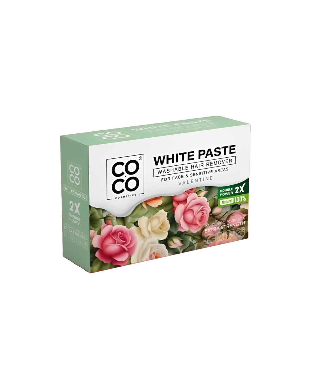 Box of COCO White Paste hair remover with floral design on a white background