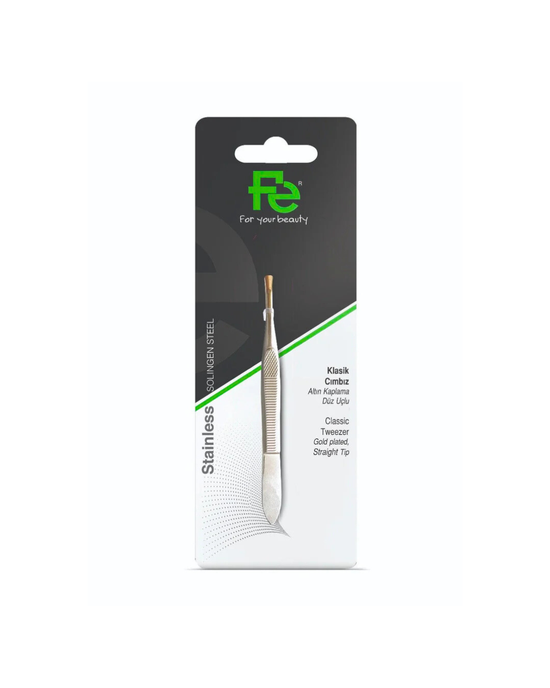 Packaged tweezers with a visible fe brand logo on a white background