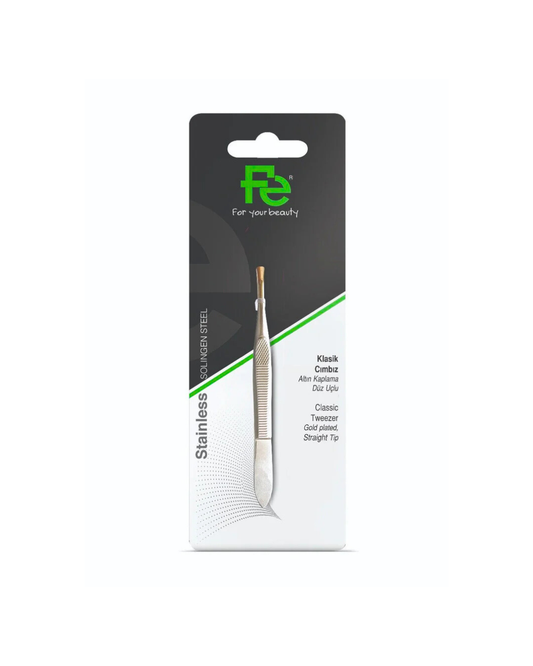 Packaged tweezers with a visible fe brand logo on a white background