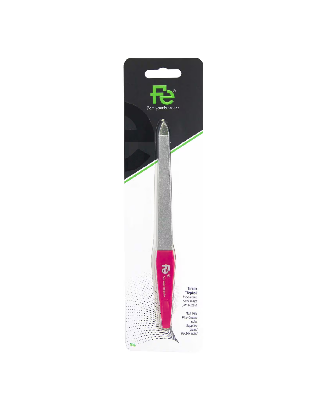 Fe Nail file with pink handle and black packaging on a white background